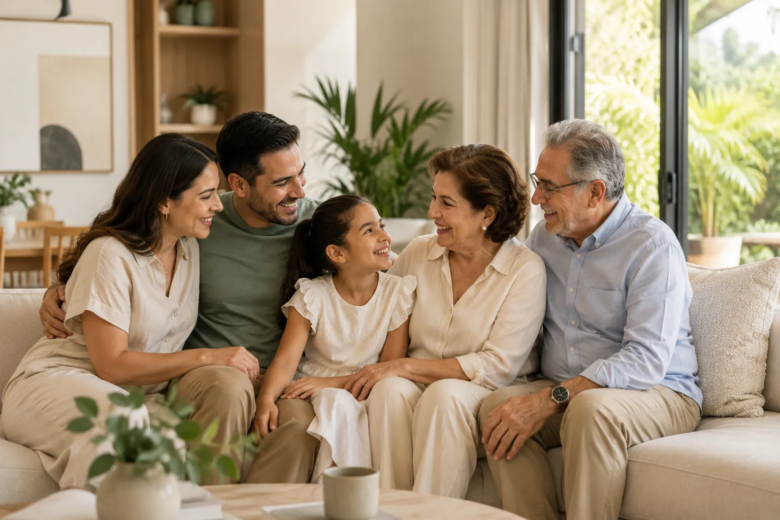 Tres generaciones de una familia conversando en el sofá de su casa