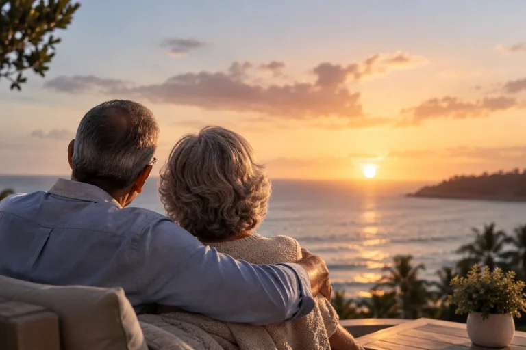 Una pareja mayor mira juntos el atardecer sobre el mar