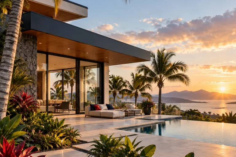 Casa moderna con piscina y palmeras al atardecer