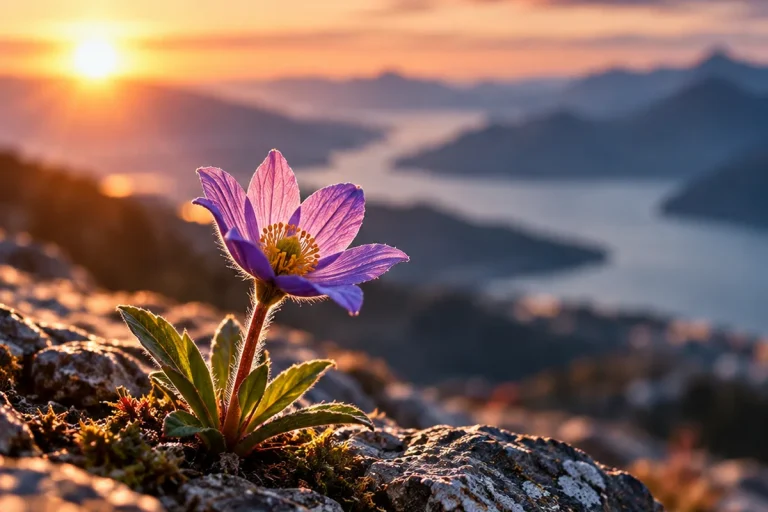 Una flor abierta entre las rocas frente al amanecer